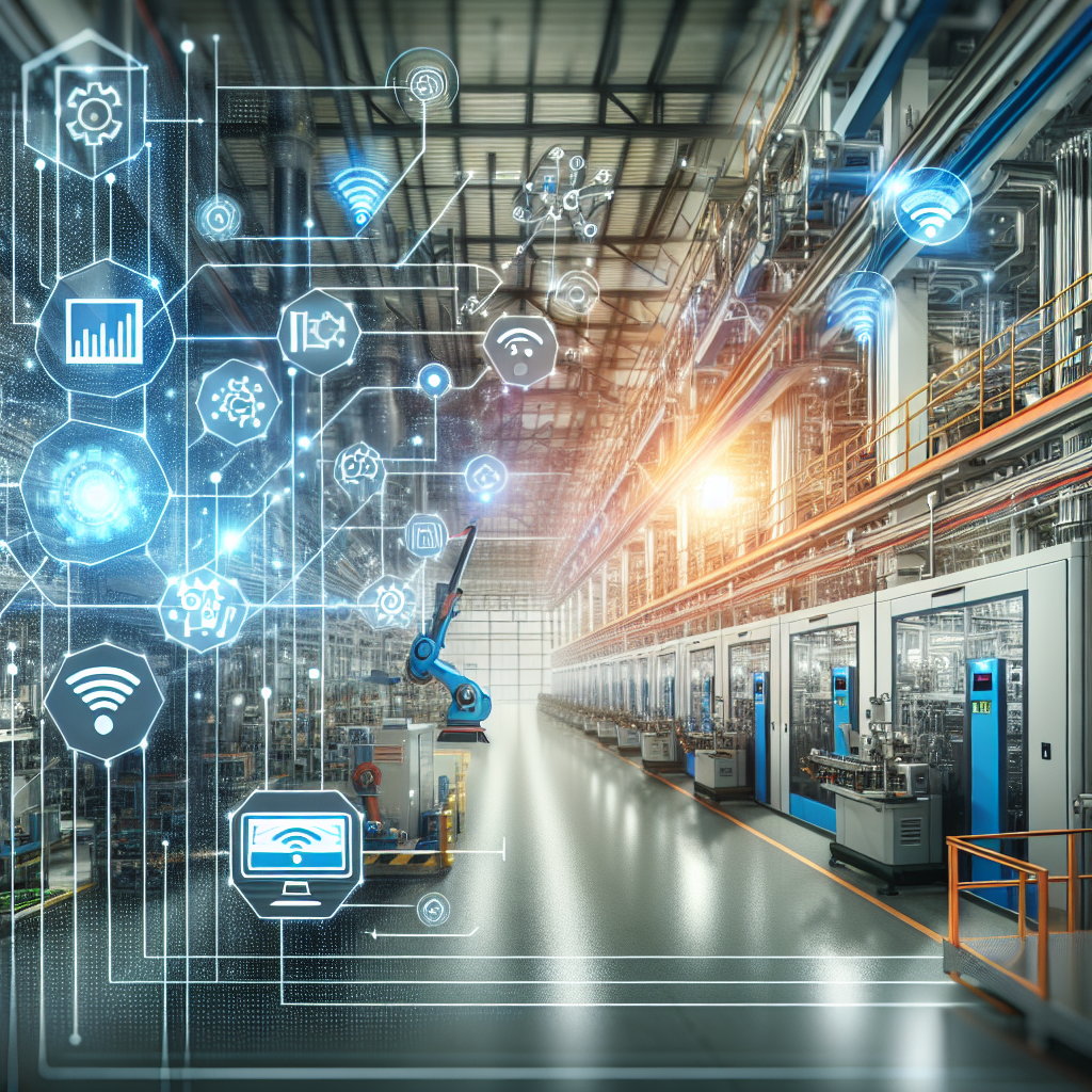 "Factory automation and operational efficiency enhanced by IoT technology, showcasing smart machinery and interconnected devices in an industrial setting."